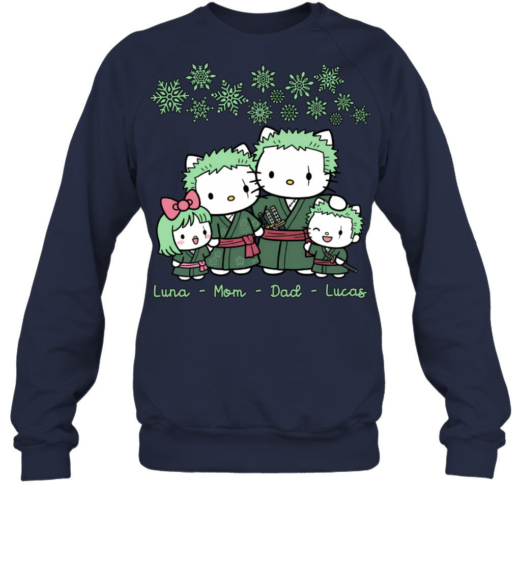 Hello Kitty x Roronoa Zoro Parents & Kids Custom Name Christmas T-Shirt for Family