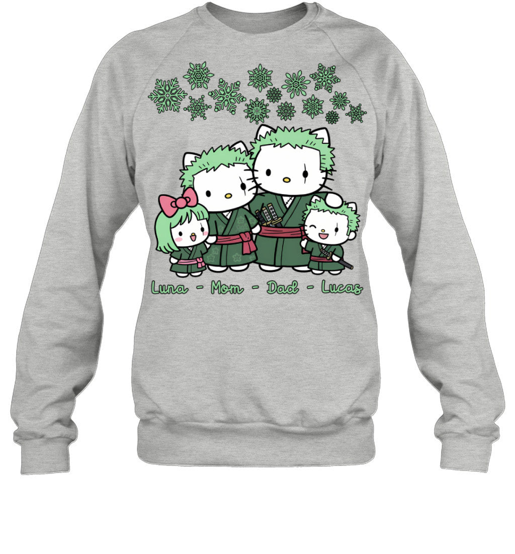 Hello Kitty x Roronoa Zoro Parents & Kids Custom Name Christmas T-Shirt for Family