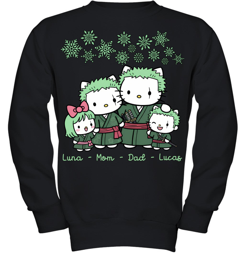 Hello Kitty x Roronoa Zoro Parents & Kids Custom Name Christmas T-Shirt for Family
