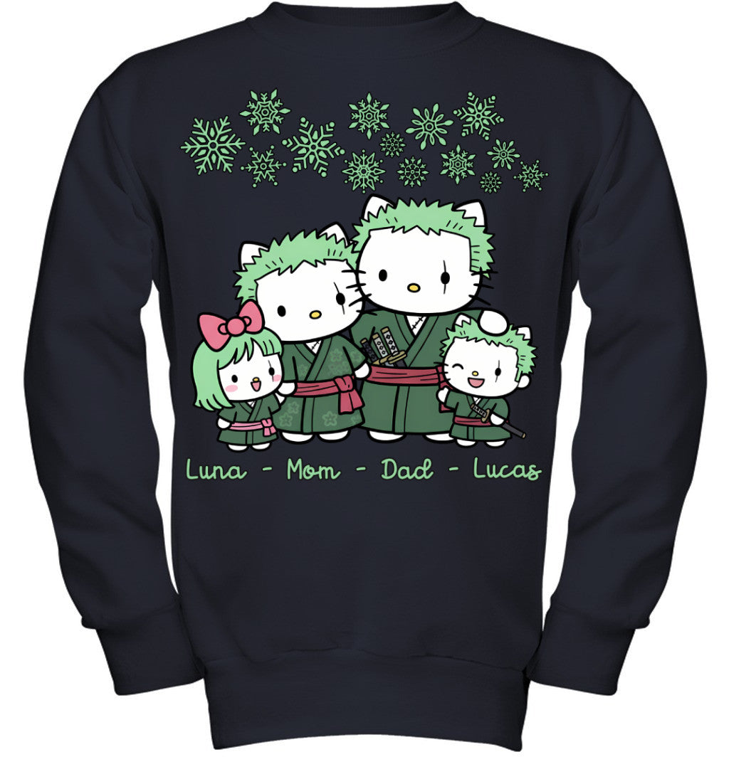 Hello Kitty x Roronoa Zoro Parents & Kids Custom Name Christmas T-Shirt for Family