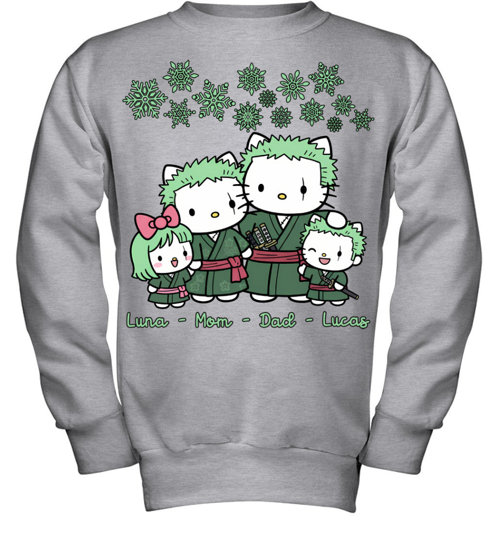 Hello Kitty x Roronoa Zoro Parents & Kids Custom Name Christmas T-Shirt for Family