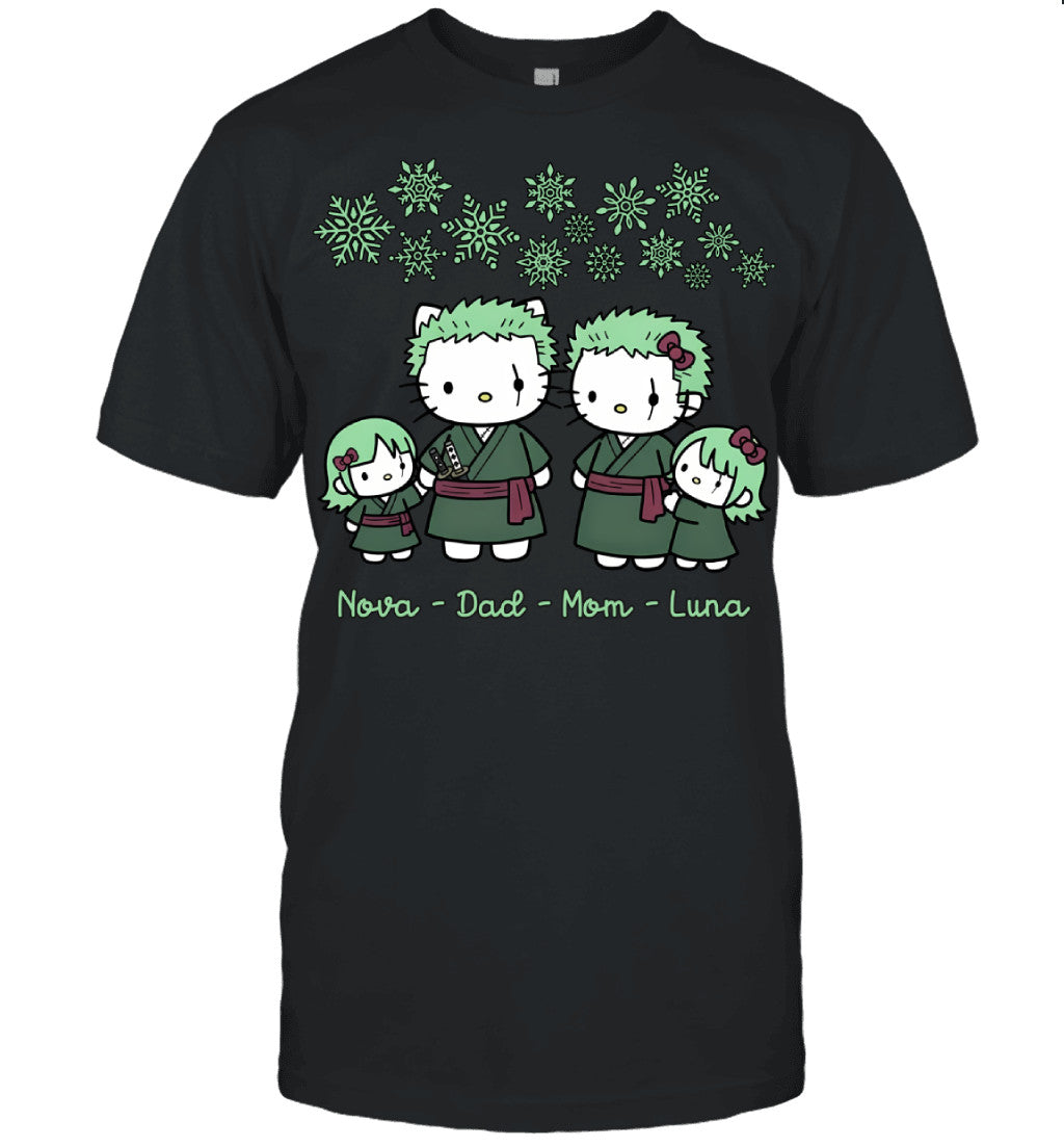 Hello Kitty x Roronoa Zoro Parents & Daughters Custom Name Christmas T-Shirt for Family