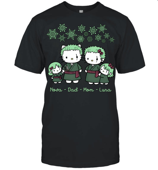 Hello Kitty x Roronoa Zoro Parents & Daughters Custom Name Christmas T-Shirt for Family