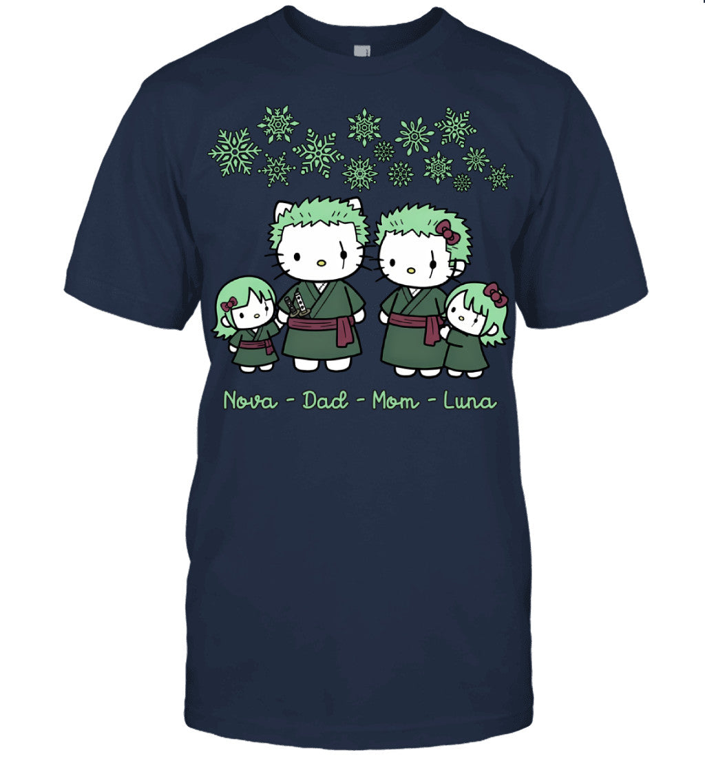 Hello Kitty x Roronoa Zoro Parents & Daughters Custom Name Christmas T-Shirt for Family