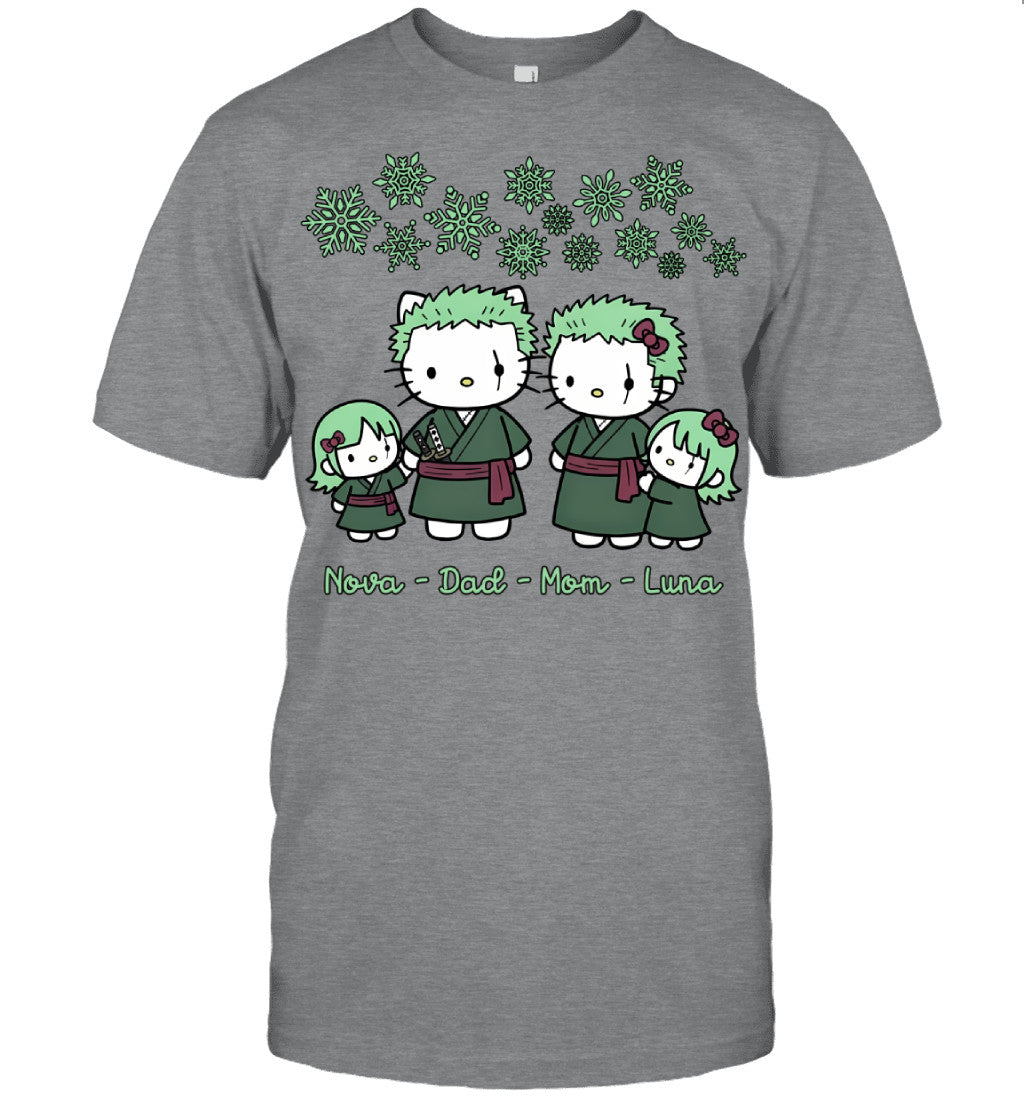 Hello Kitty x Roronoa Zoro Parents & Daughters Custom Name Christmas T-Shirt for Family
