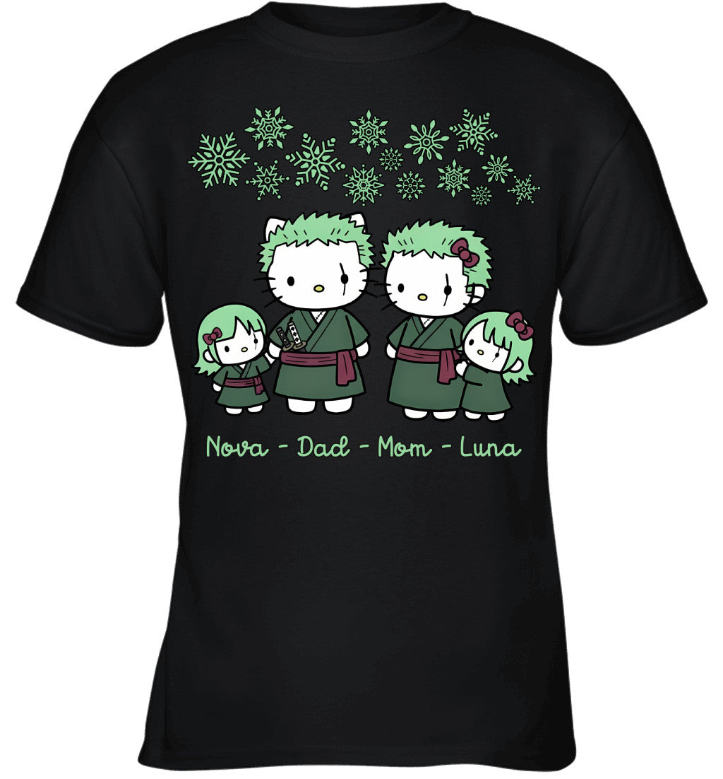 Hello Kitty x Roronoa Zoro Parents & Daughters Custom Name Christmas T-Shirt for Family