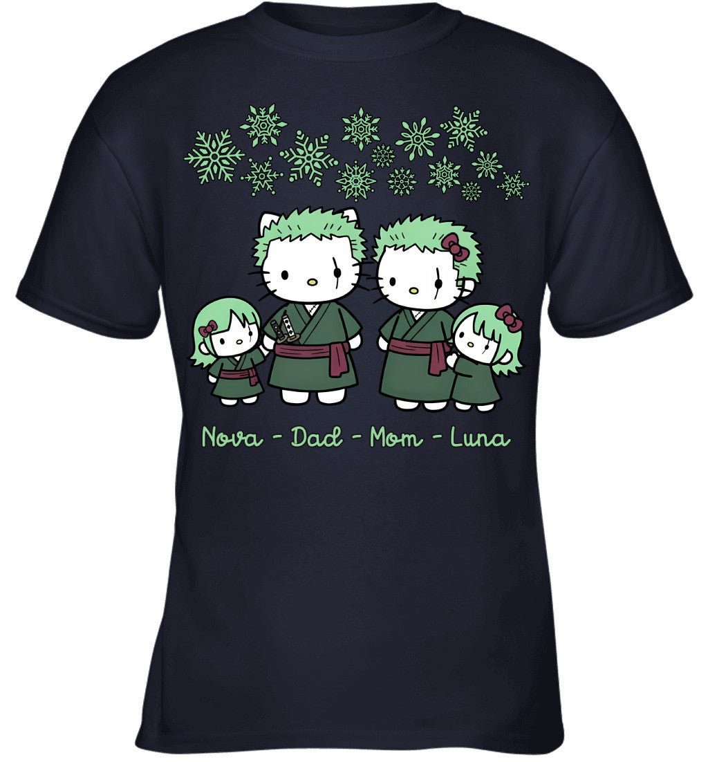 Hello Kitty x Roronoa Zoro Parents & Daughters Custom Name Christmas T-Shirt for Family