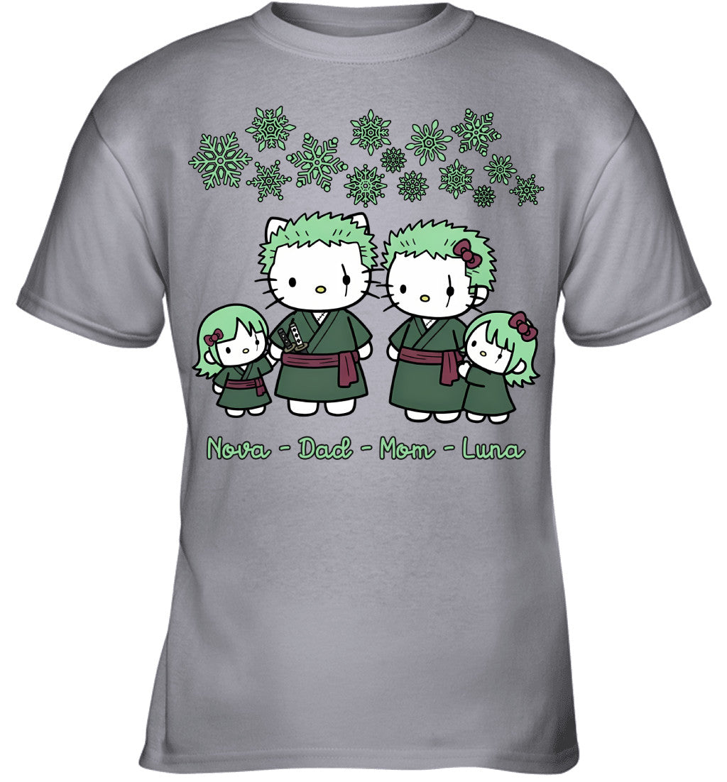 Hello Kitty x Roronoa Zoro Parents & Daughters Custom Name Christmas T-Shirt for Family