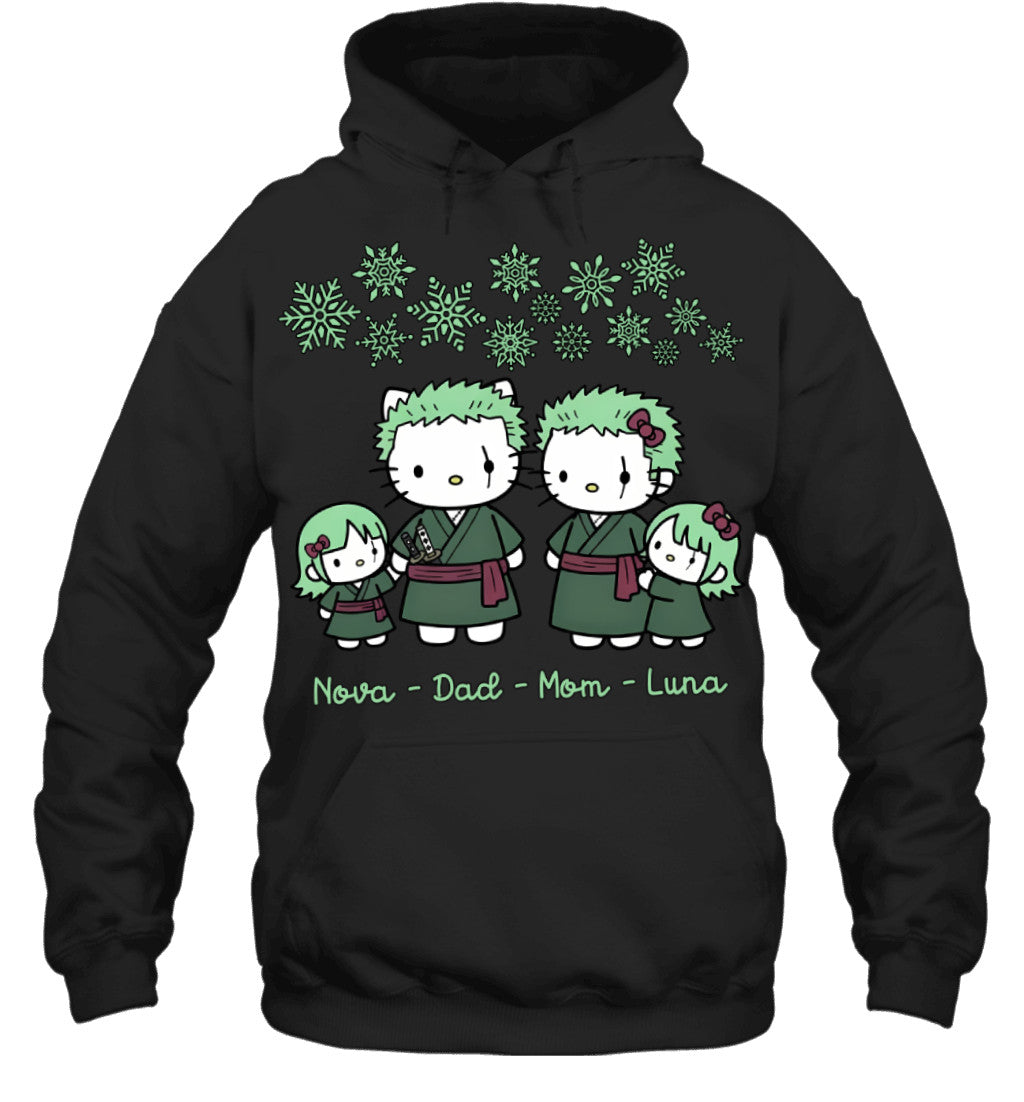 Hello Kitty x Roronoa Zoro Parents & Daughters Custom Name Christmas T-Shirt for Family