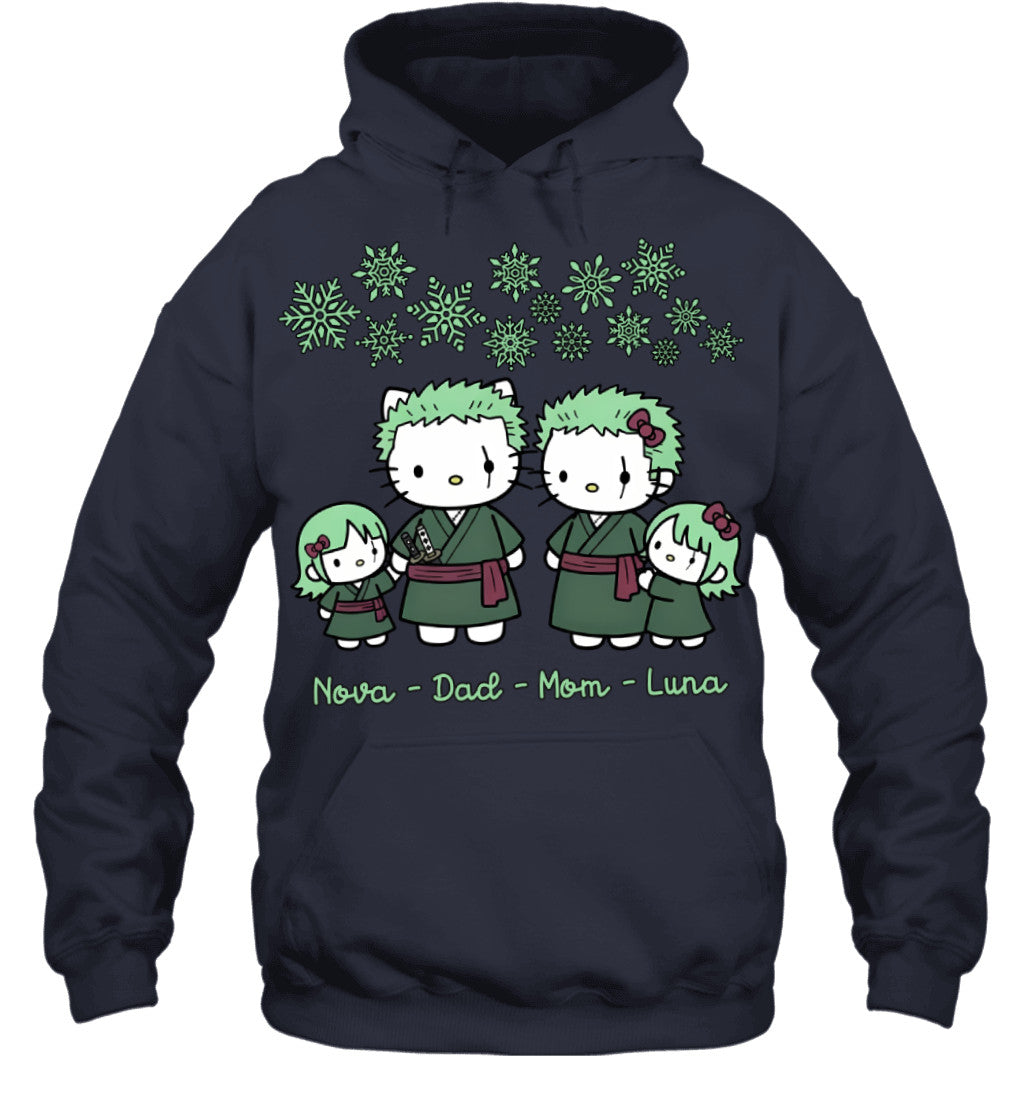 Hello Kitty x Roronoa Zoro Parents & Daughters Custom Name Christmas T-Shirt for Family