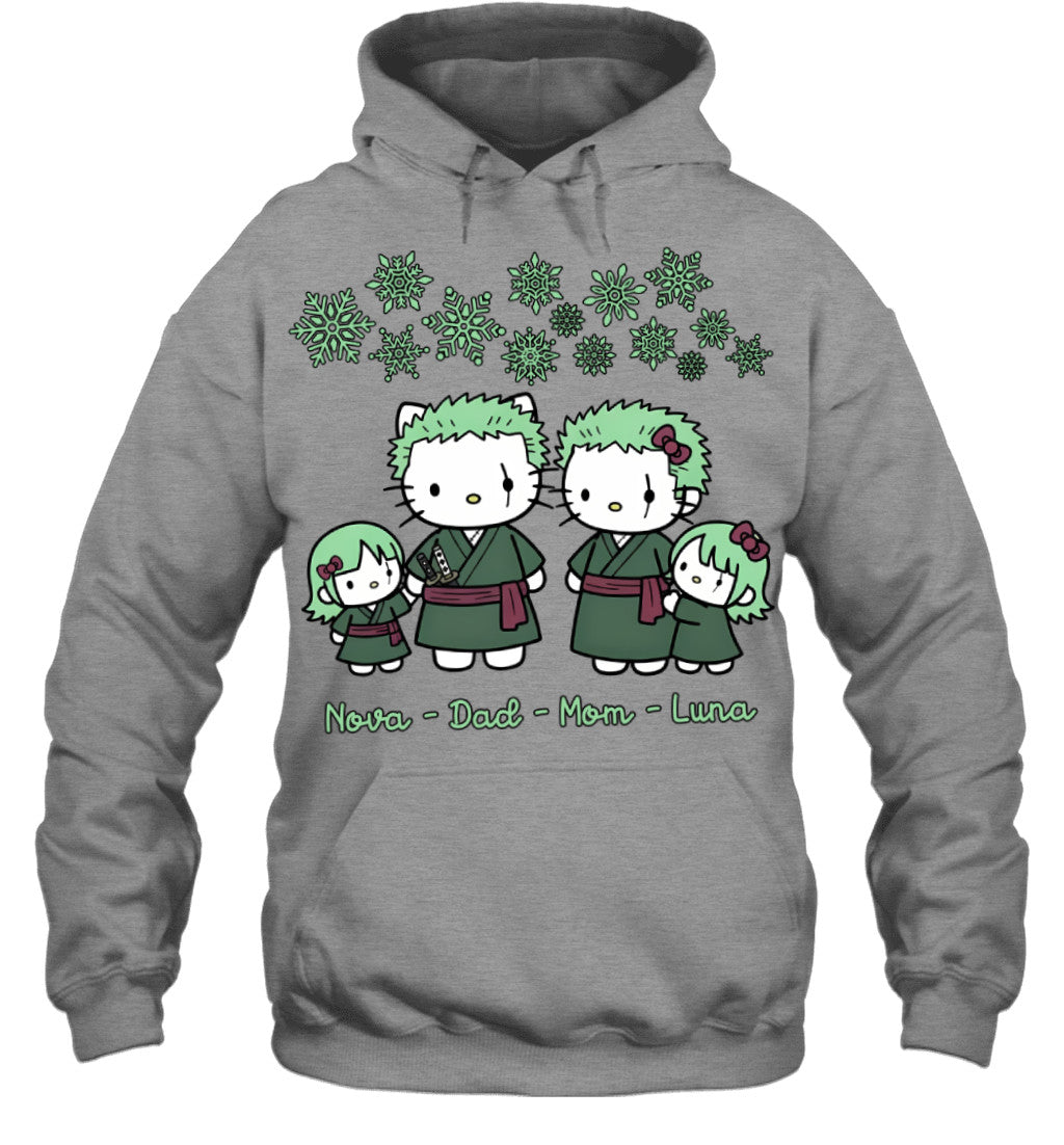 Hello Kitty x Roronoa Zoro Parents & Daughters Custom Name Christmas T-Shirt for Family