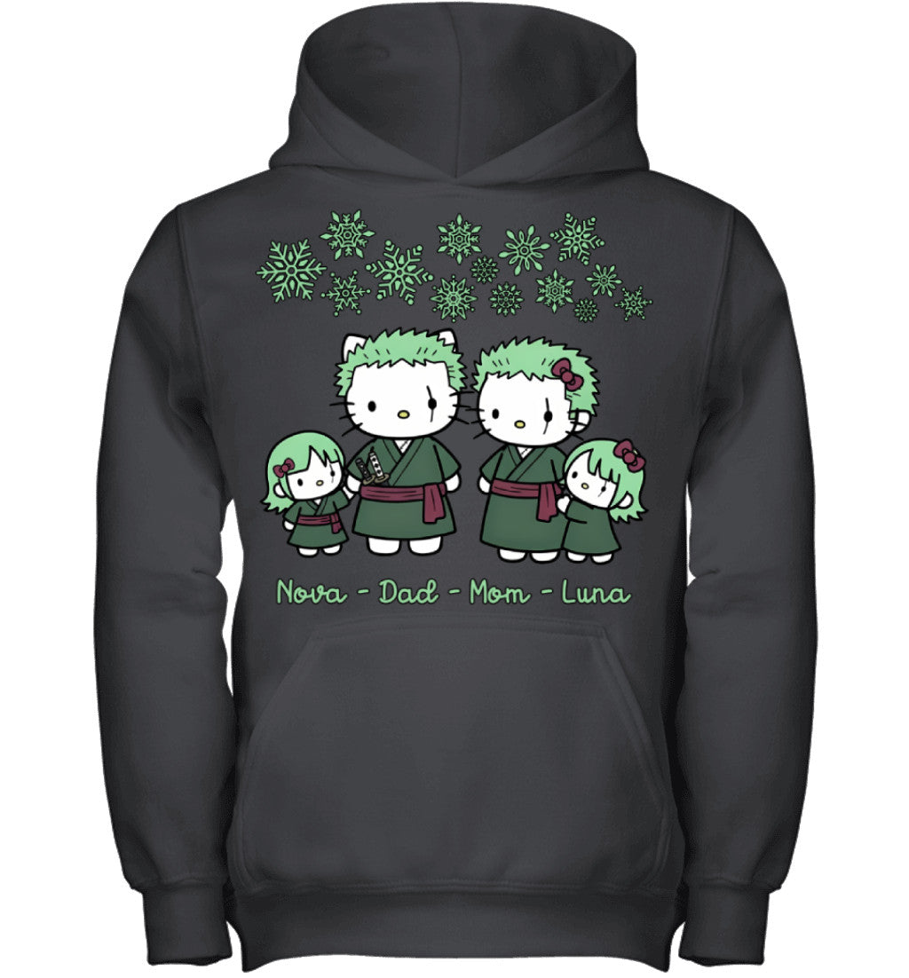 Hello Kitty x Roronoa Zoro Parents & Daughters Custom Name Christmas T-Shirt for Family