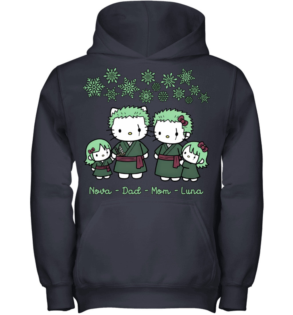 Hello Kitty x Roronoa Zoro Parents & Daughters Custom Name Christmas T-Shirt for Family