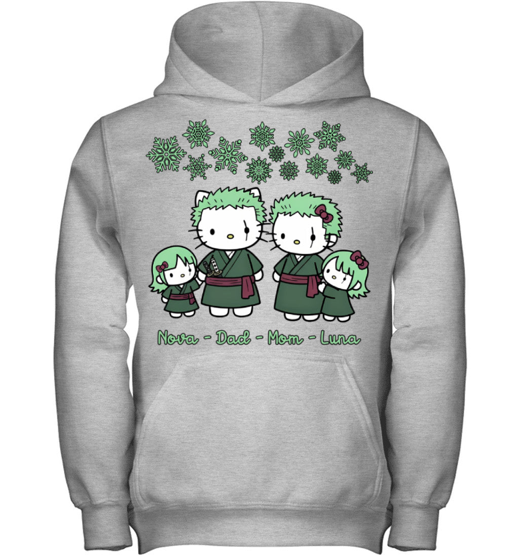 Hello Kitty x Roronoa Zoro Parents & Daughters Custom Name Christmas T-Shirt for Family