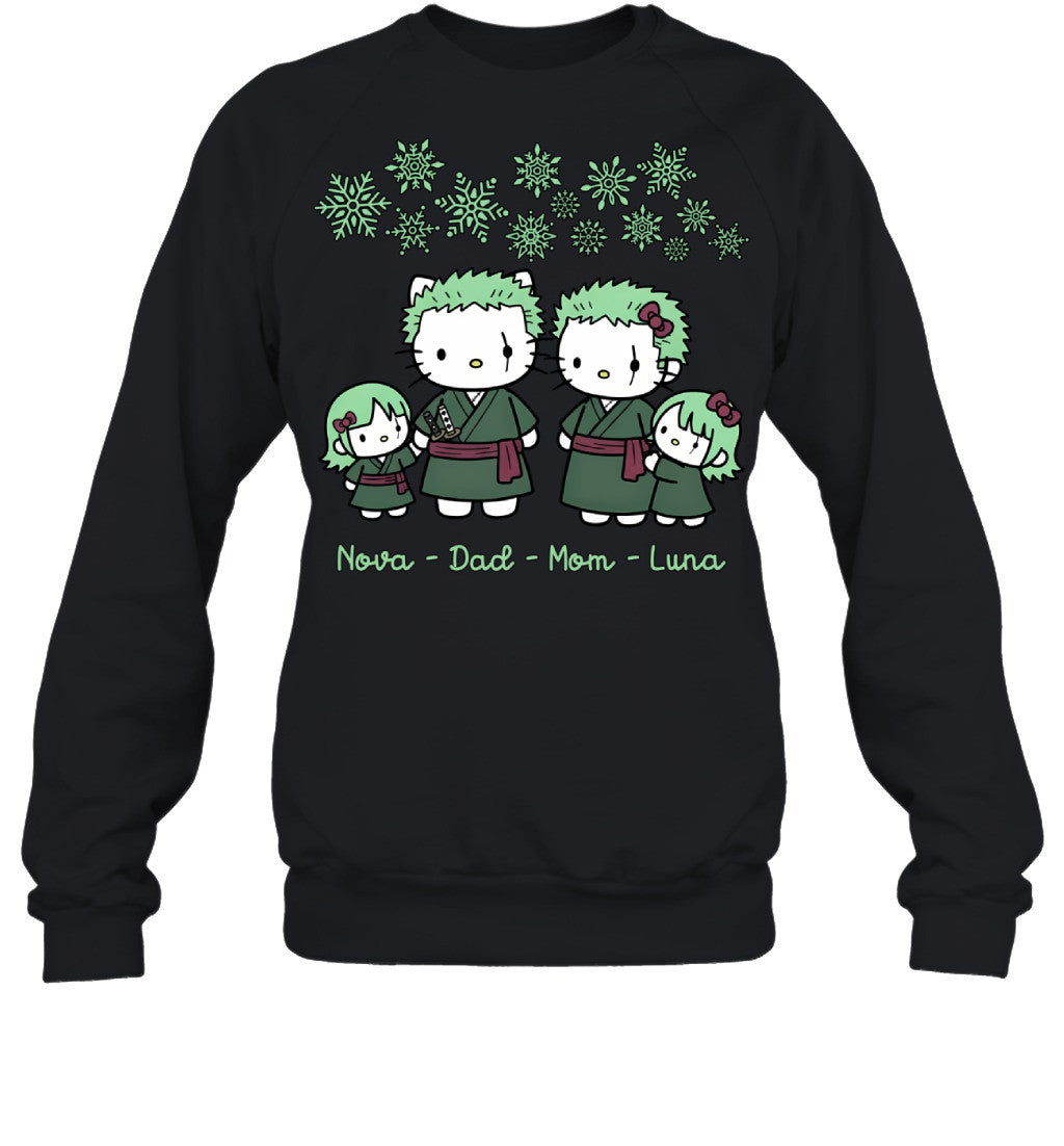 Hello Kitty x Roronoa Zoro Parents & Daughters Custom Name Christmas T-Shirt for Family