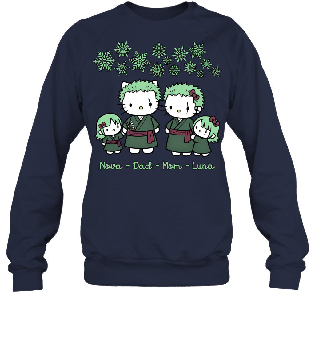 Hello Kitty x Roronoa Zoro Parents & Daughters Custom Name Christmas T-Shirt for Family