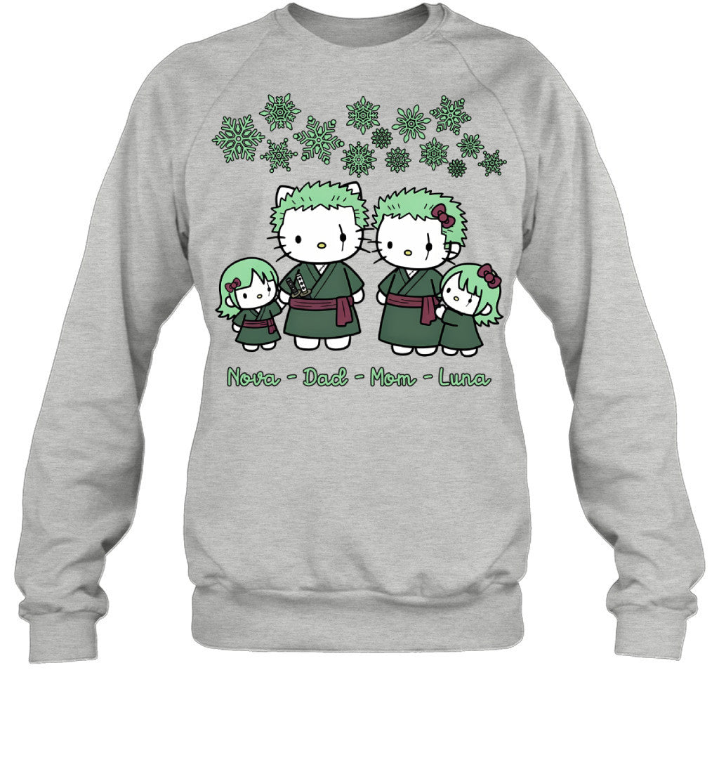 Hello Kitty x Roronoa Zoro Parents & Daughters Custom Name Christmas T-Shirt for Family