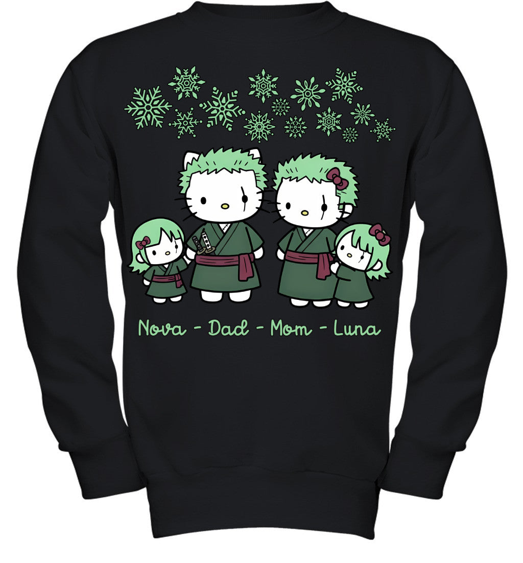 Hello Kitty x Roronoa Zoro Parents & Daughters Custom Name Christmas T-Shirt for Family