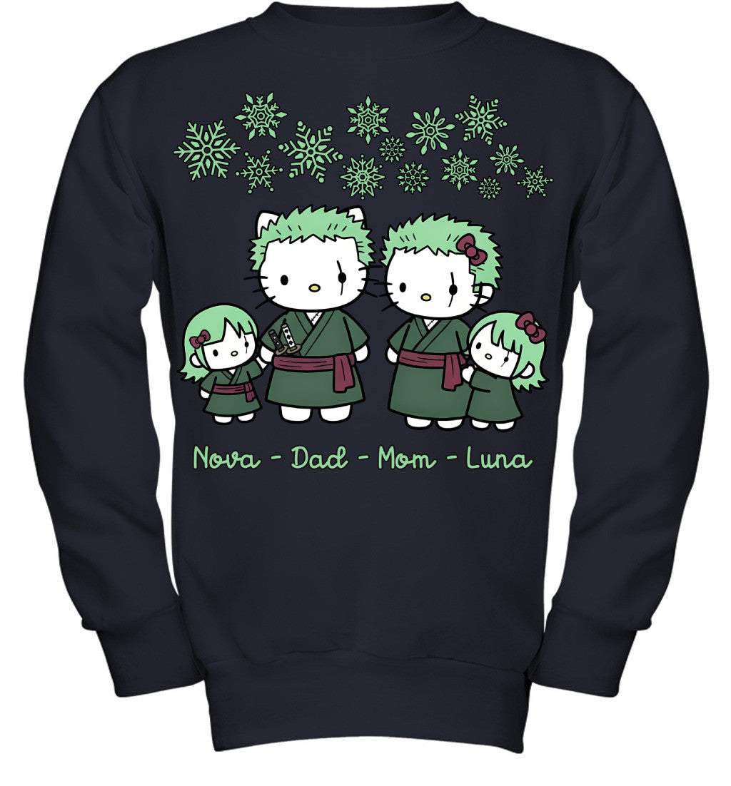 Hello Kitty x Roronoa Zoro Parents & Daughters Custom Name Christmas T-Shirt for Family