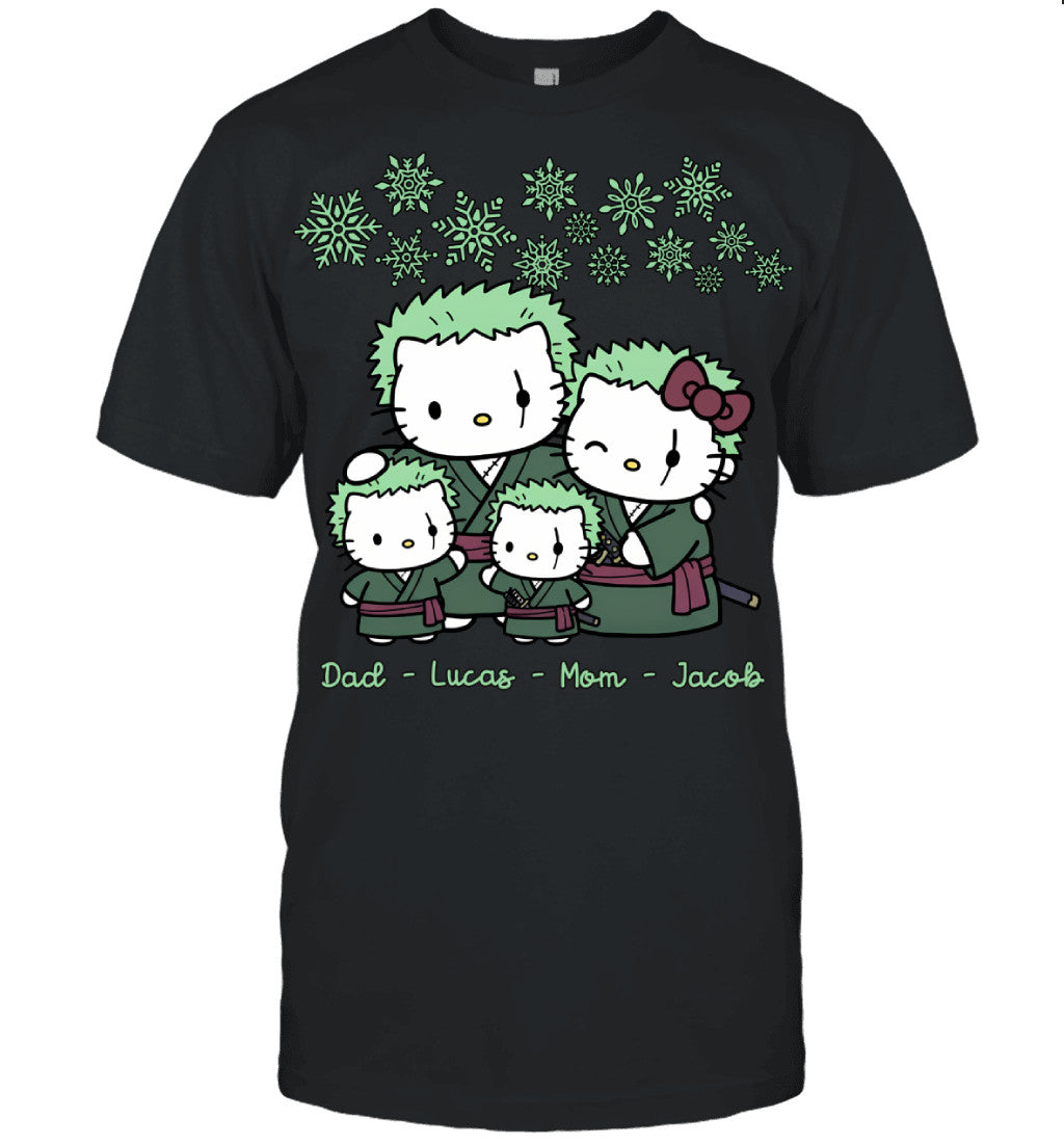 Hello Kitty x Roronoa Zoro Parents & Sons Custom Name Christmas T-Shirt for Family