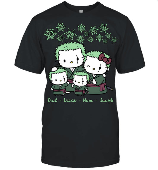 Hello Kitty x Roronoa Zoro Parents & Sons Custom Name Christmas T-Shirt for Family