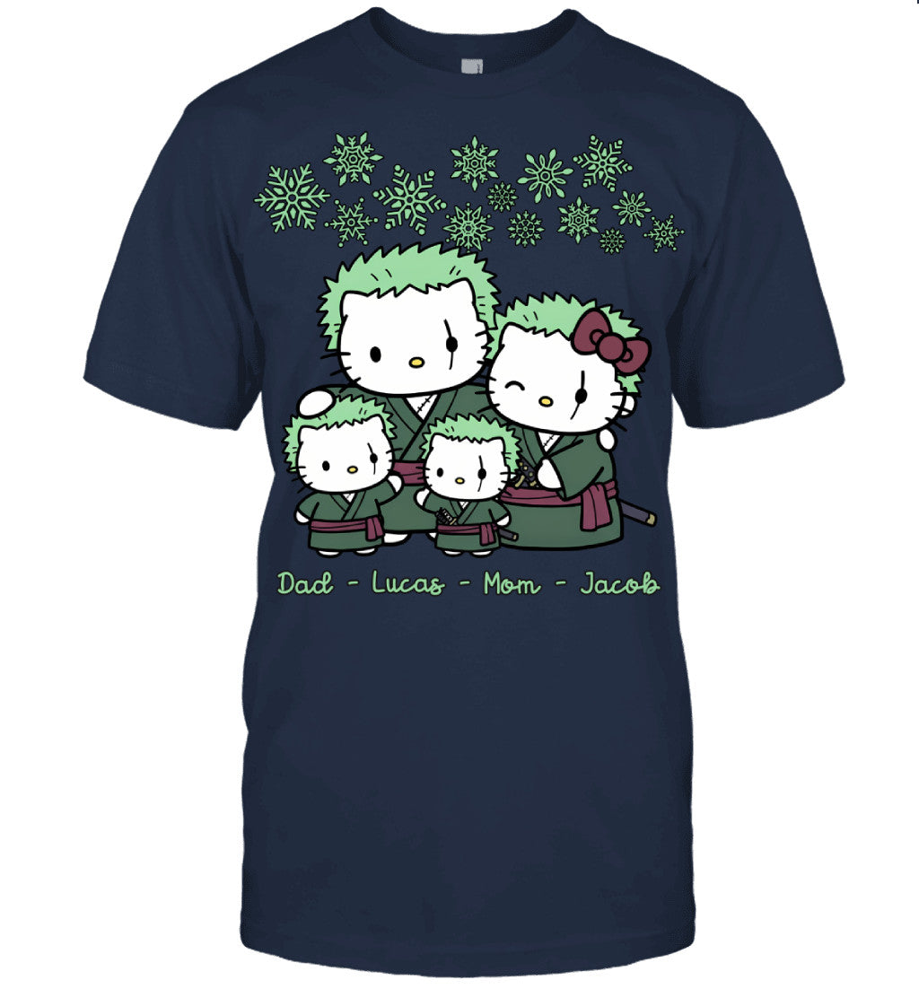 Hello Kitty x Roronoa Zoro Parents & Sons Custom Name Christmas T-Shirt for Family