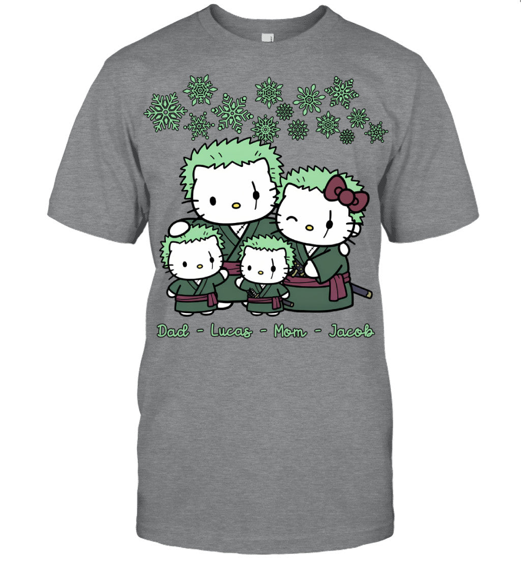 Hello Kitty x Roronoa Zoro Parents & Sons Custom Name Christmas T-Shirt for Family