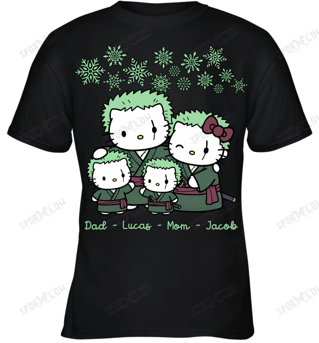 Hello Kitty x Roronoa Zoro Parents & Sons Custom Name Christmas T-Shirt for Family