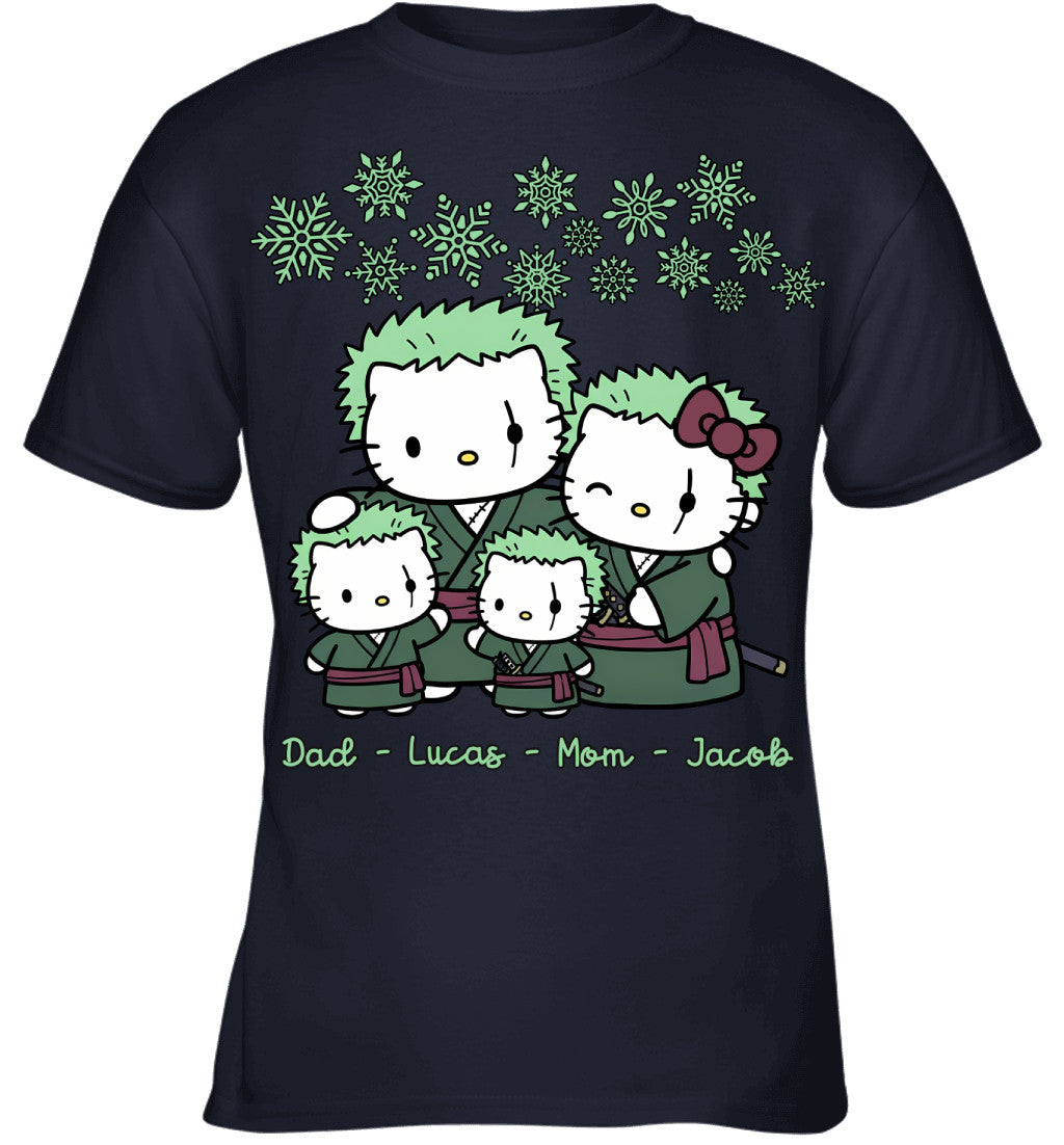 Hello Kitty x Roronoa Zoro Parents & Sons Custom Name Christmas T-Shirt for Family