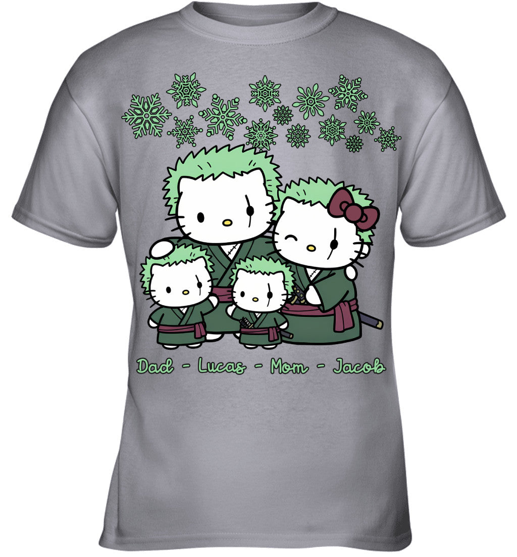 Hello Kitty x Roronoa Zoro Parents & Sons Custom Name Christmas T-Shirt for Family