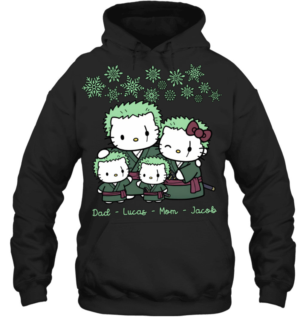 Hello Kitty x Roronoa Zoro Parents & Sons Custom Name Christmas T-Shirt for Family