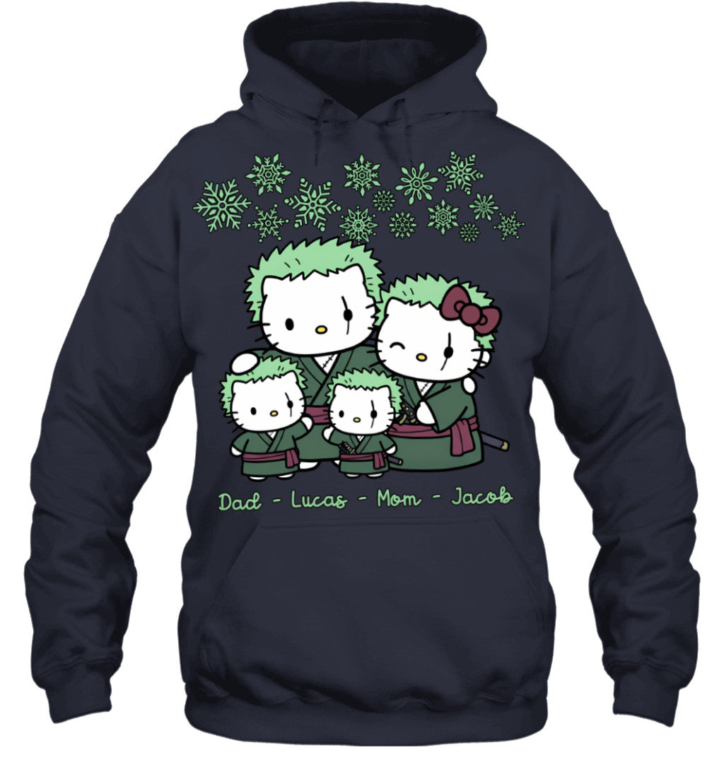 Hello Kitty x Roronoa Zoro Parents & Sons Custom Name Christmas T-Shirt for Family