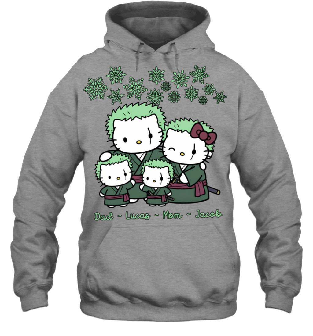 Hello Kitty x Roronoa Zoro Parents & Sons Custom Name Christmas T-Shirt for Family