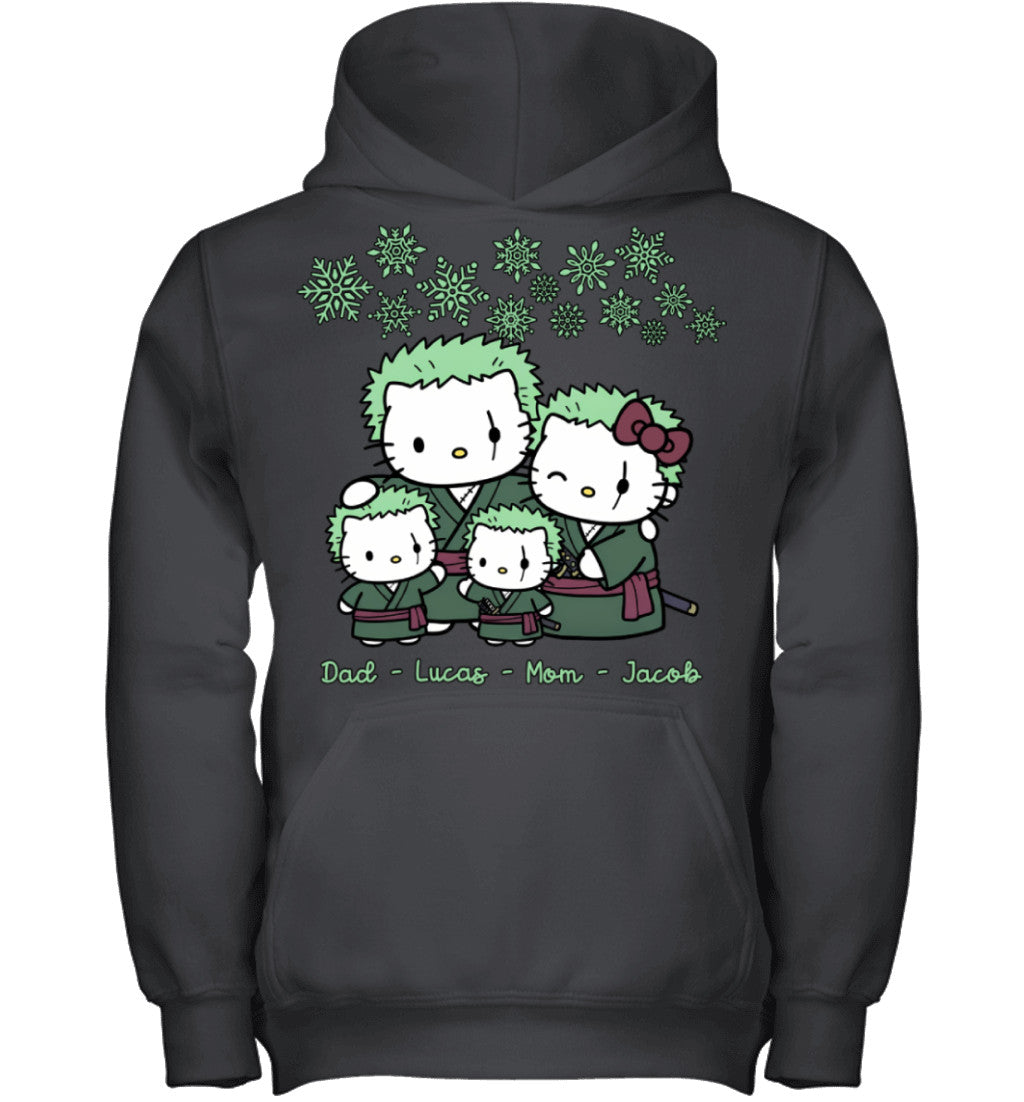 Hello Kitty x Roronoa Zoro Parents & Sons Custom Name Christmas T-Shirt for Family