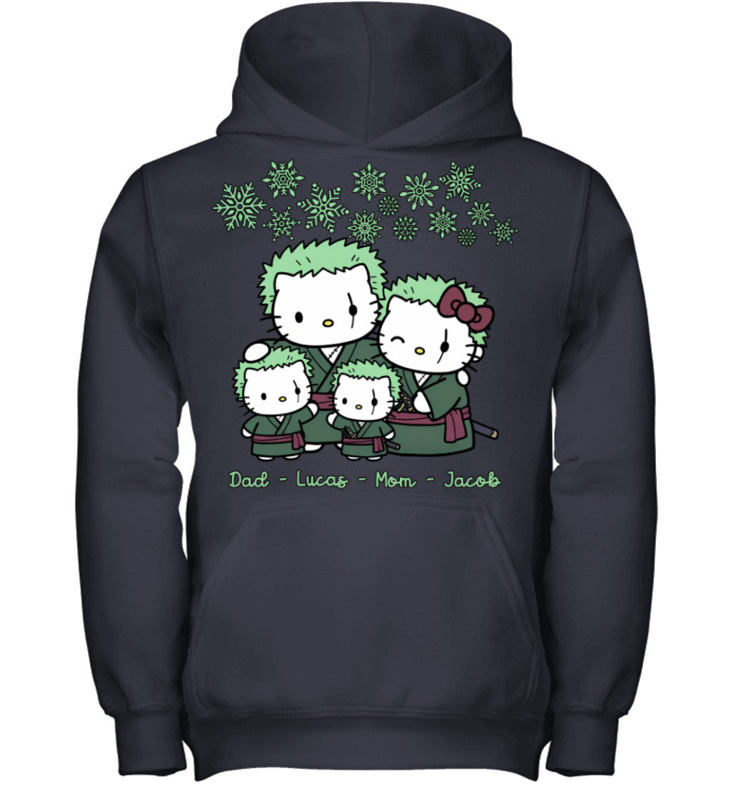 Hello Kitty x Roronoa Zoro Parents & Sons Custom Name Christmas T-Shirt for Family