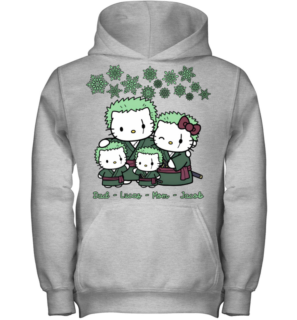 Hello Kitty x Roronoa Zoro Parents & Sons Custom Name Christmas T-Shirt for Family