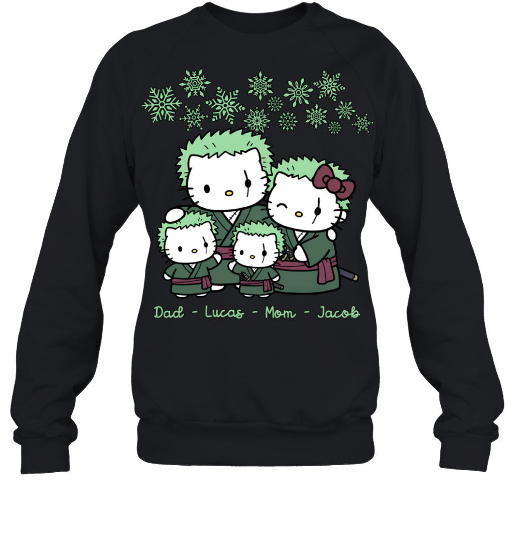 Hello Kitty x Roronoa Zoro Parents & Sons Custom Name Christmas T-Shirt for Family