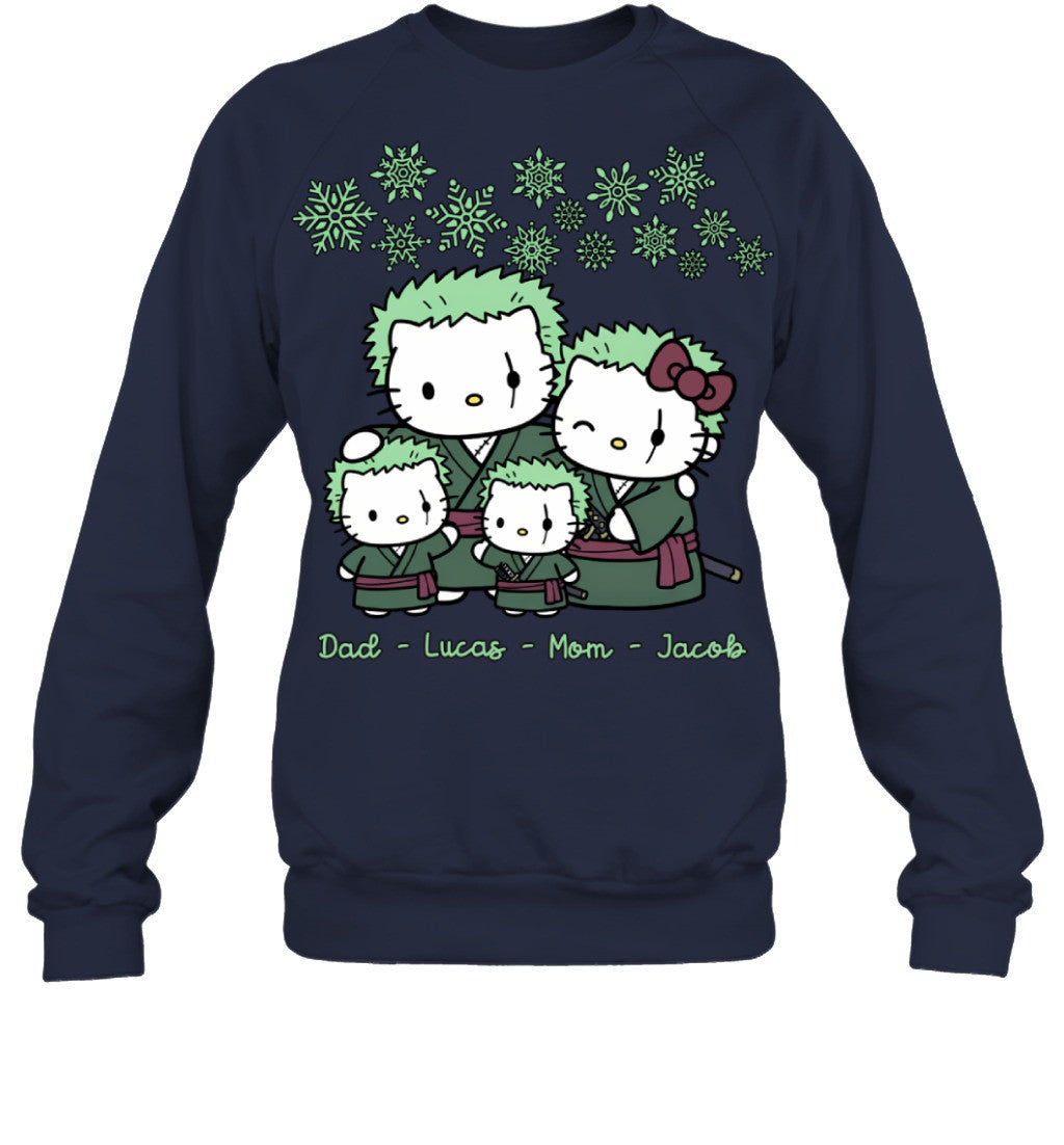 Hello Kitty x Roronoa Zoro Parents & Sons Custom Name Christmas T-Shirt for Family
