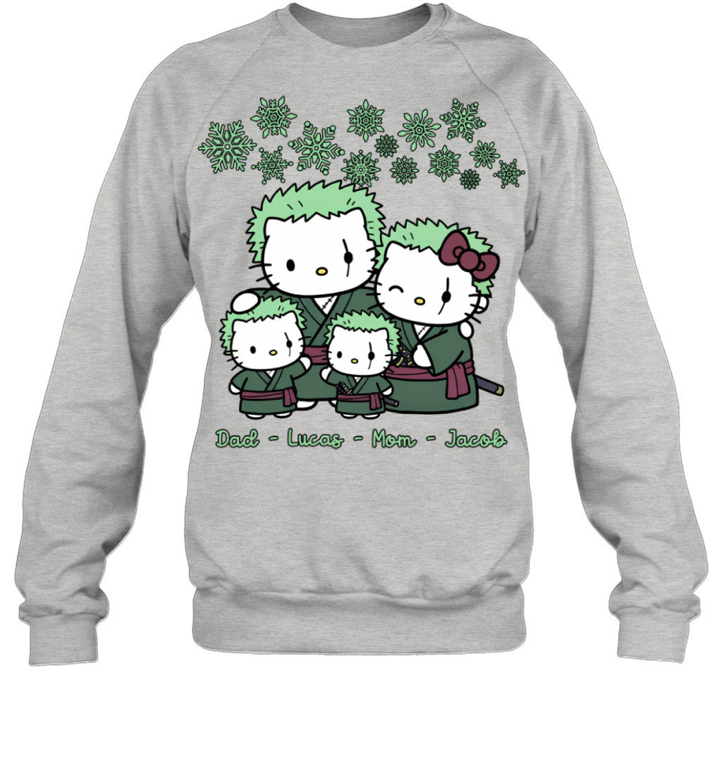 Hello Kitty x Roronoa Zoro Parents & Sons Custom Name Christmas T-Shirt for Family