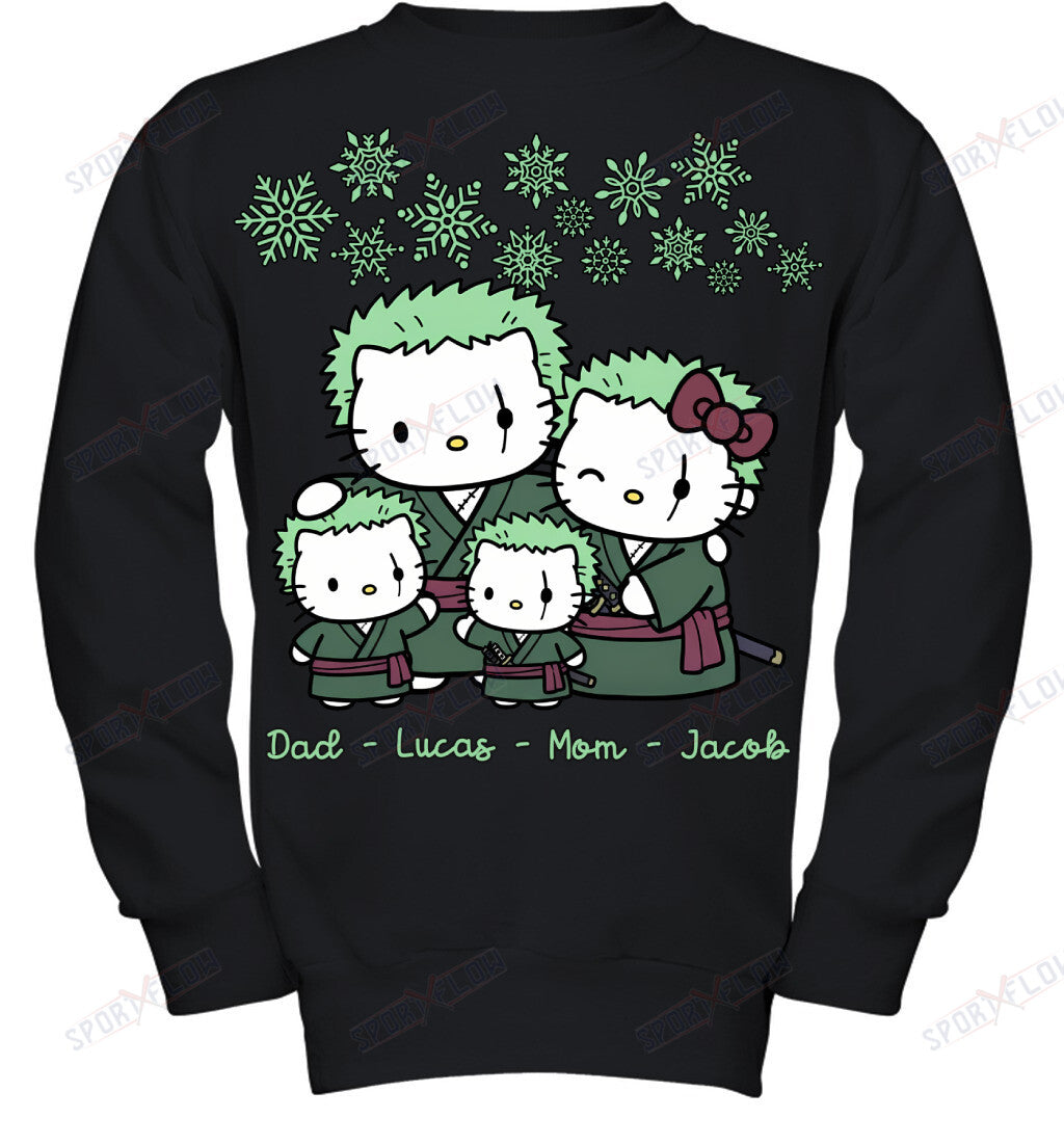 Hello Kitty x Roronoa Zoro Parents & Sons Custom Name Christmas T-Shirt for Family
