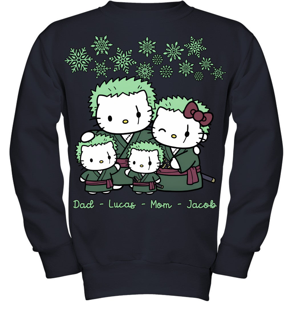Hello Kitty x Roronoa Zoro Parents & Sons Custom Name Christmas T-Shirt for Family