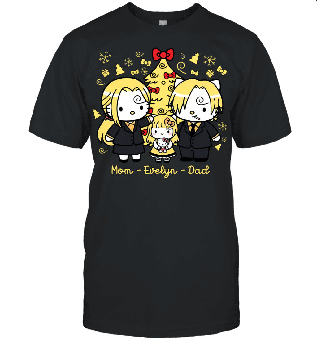 Hello Kitty x Vinsmoke Sanji Parents & Daughter Custom Name Christmas T-Shirt for Family