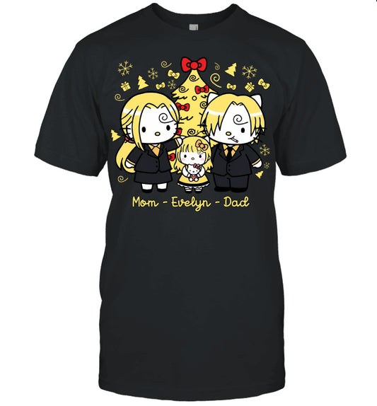 Hello Kitty x Vinsmoke Sanji Parents & Daughter Custom Name Christmas T-Shirt for Family