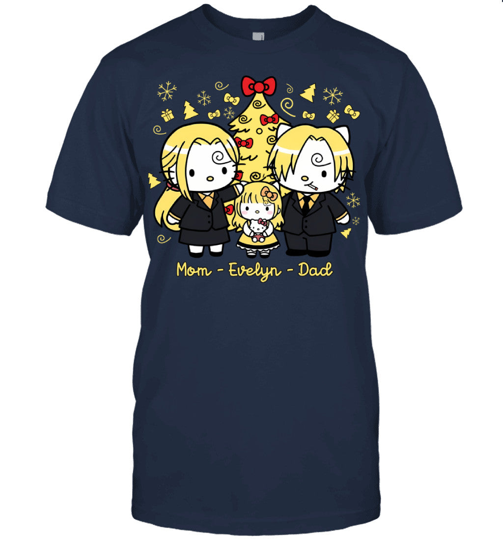 Hello Kitty x Vinsmoke Sanji Parents & Daughter Custom Name Christmas T-Shirt for Family