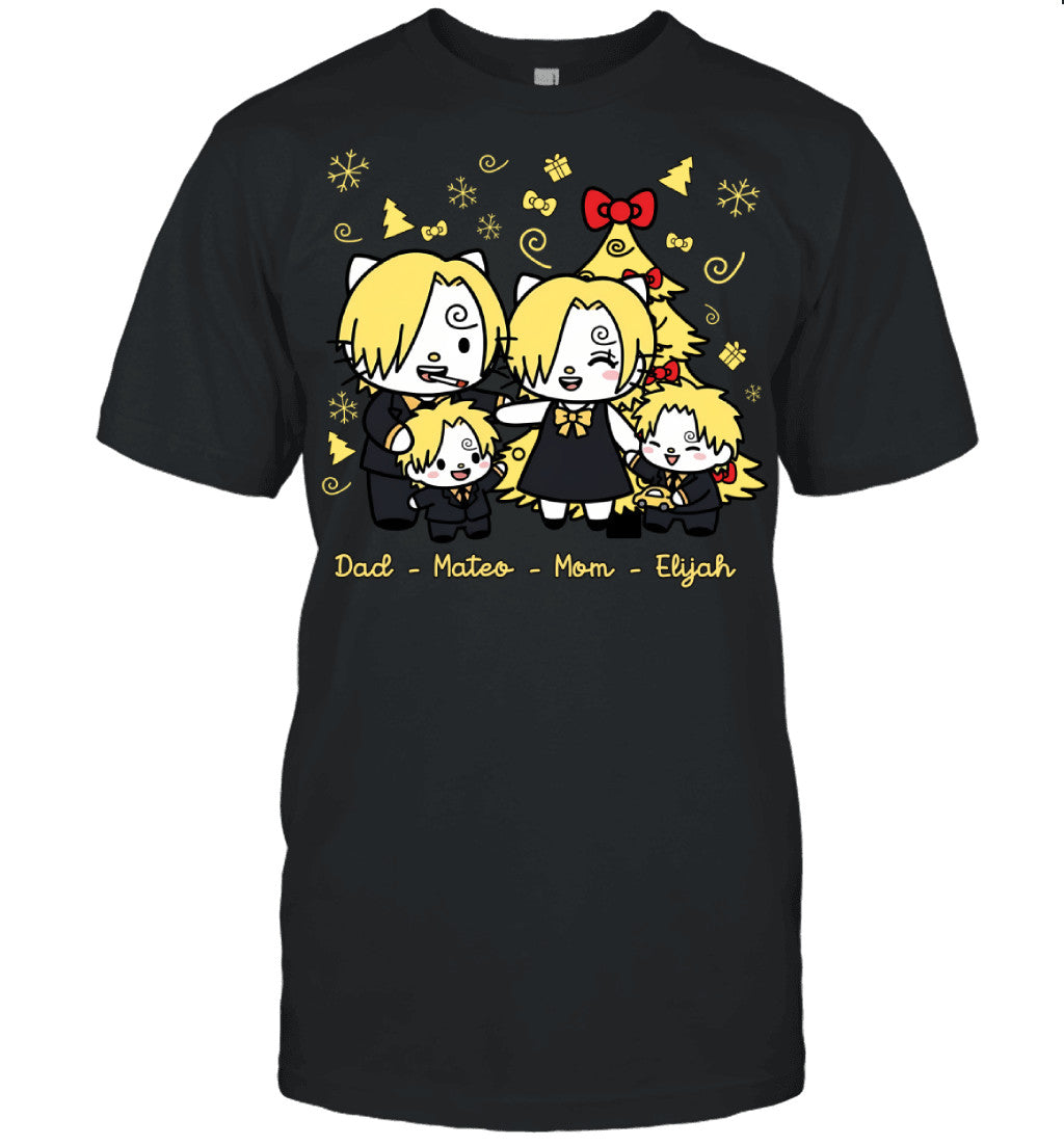Hello Kitty x Vinsmoke Sanji Parents & Sons Custom Name Christmas T-Shirt for Family