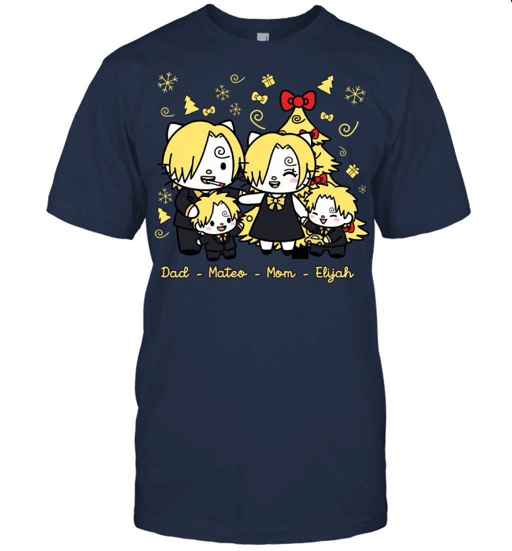 Hello Kitty x Vinsmoke Sanji Parents & Sons Custom Name Christmas T-Shirt for Family