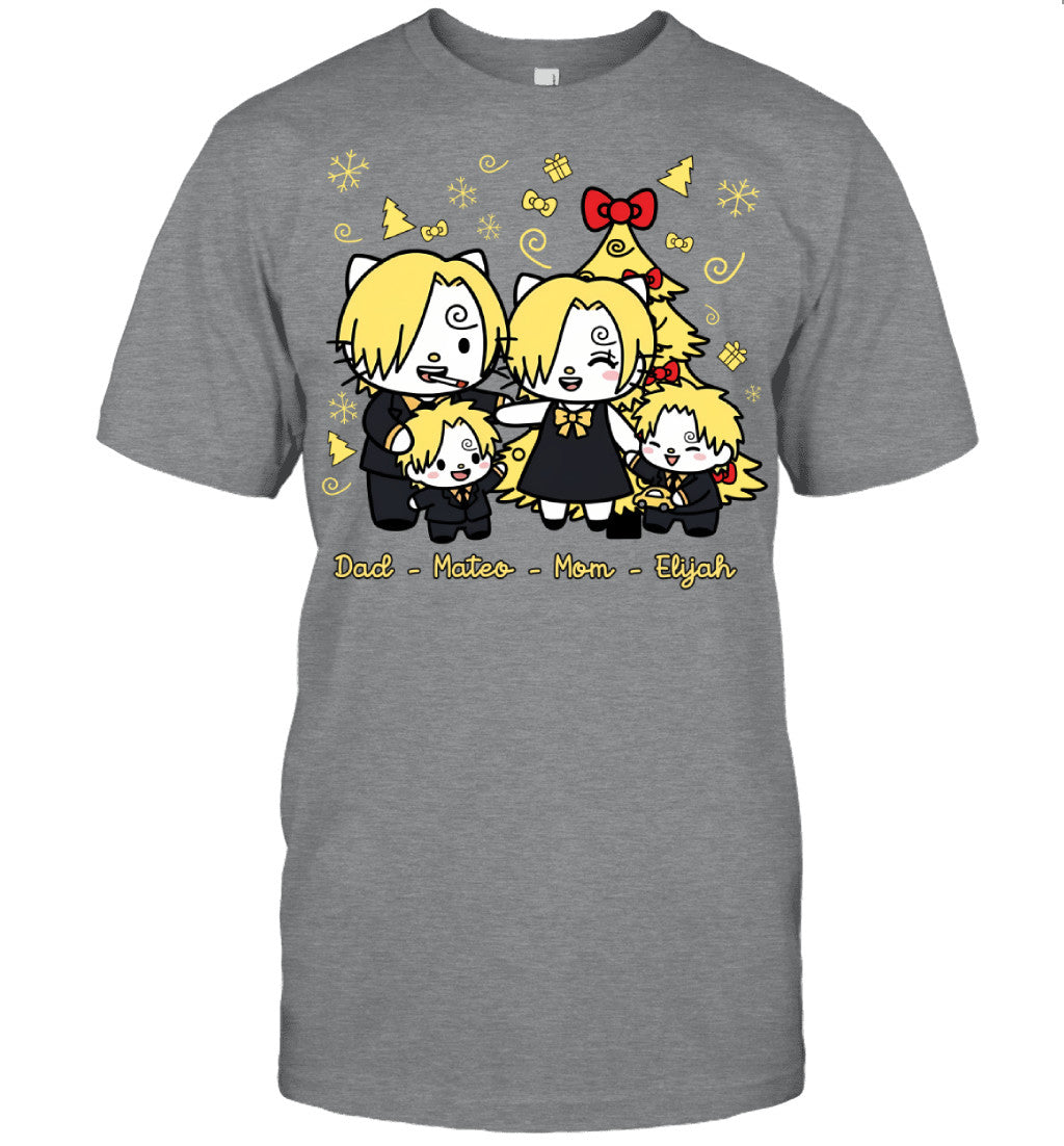 Hello Kitty x Vinsmoke Sanji Parents & Sons Custom Name Christmas T-Shirt for Family
