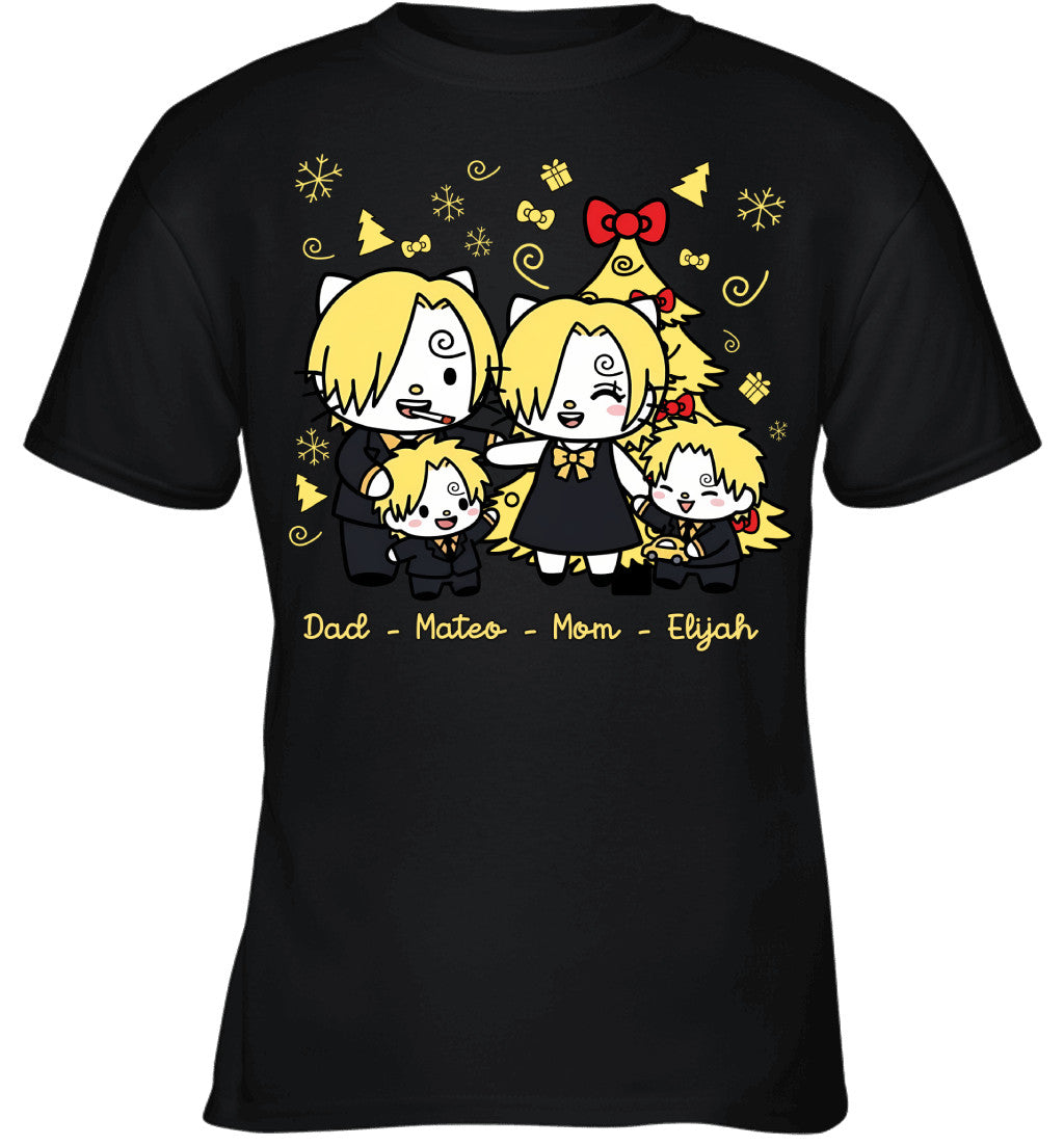 Hello Kitty x Vinsmoke Sanji Parents & Sons Custom Name Christmas T-Shirt for Family