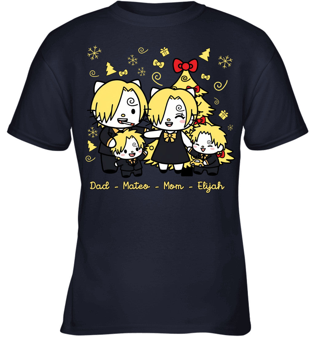 Hello Kitty x Vinsmoke Sanji Parents & Sons Custom Name Christmas T-Shirt for Family