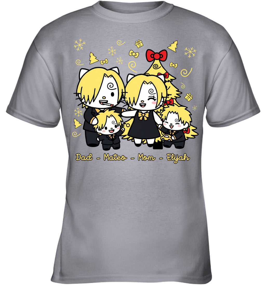 Hello Kitty x Vinsmoke Sanji Parents & Sons Custom Name Christmas T-Shirt for Family